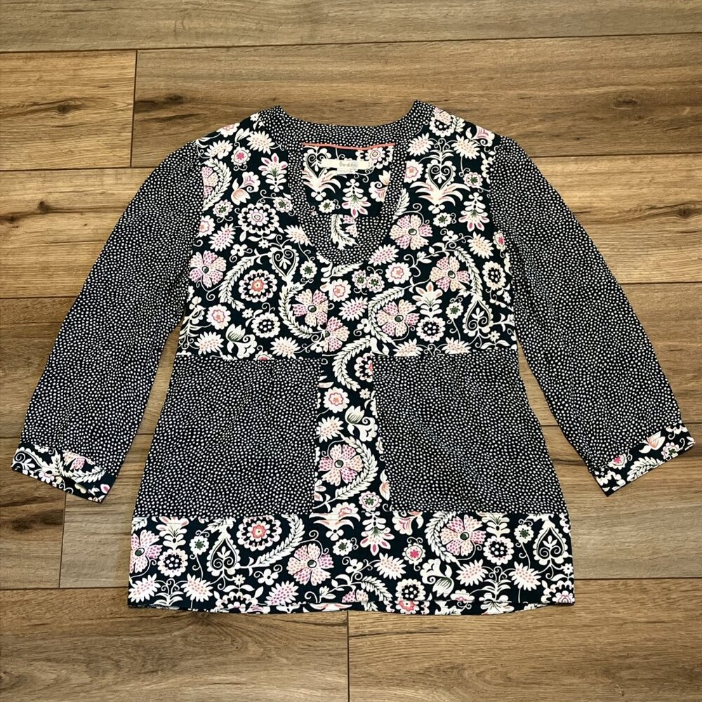 Boden Mollie Mixed Print Blouse SZ 6 Green Floral Polka Dot Pullover 3/4 Sleeve